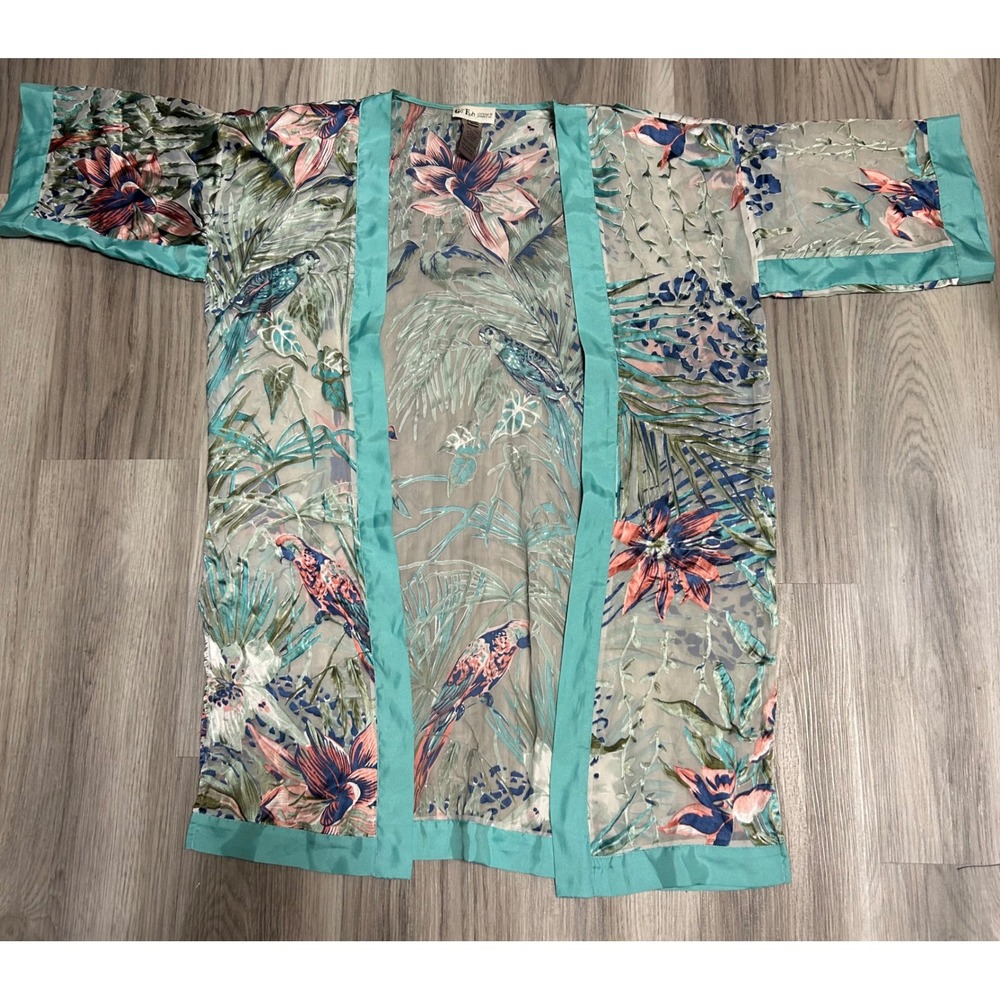 Go Fish Womens Tropical Parrot Burnout Velvet Silk Kimono S/M Teal Floral Bird